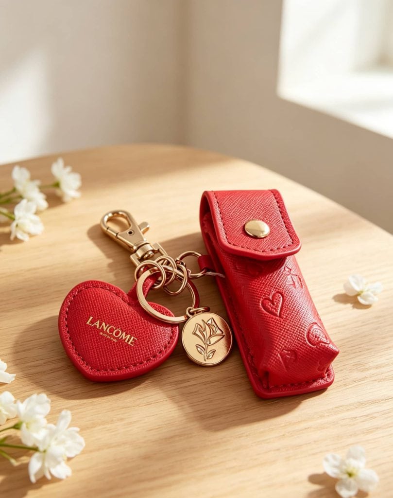 Wholesale custom keychain for Lancôme — Saffiano PU leather embossed heart with imitation gold zinc alloy hardware