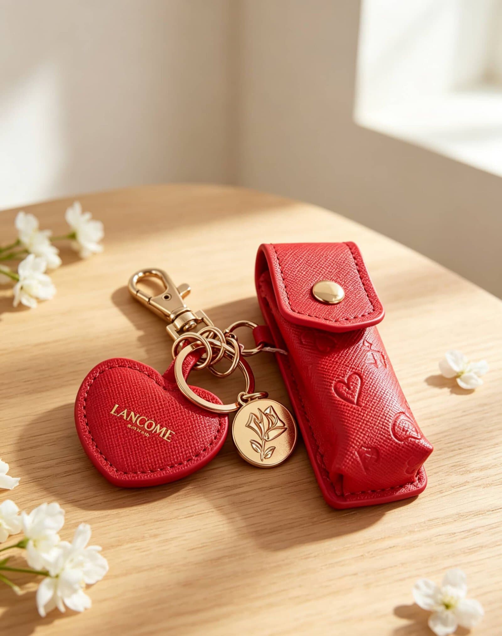 Wholesale Custom Keychain - Lancôme - Saffiano PU Leather Embossed Heart with Imitation Gold Zinc Alloy Hardware